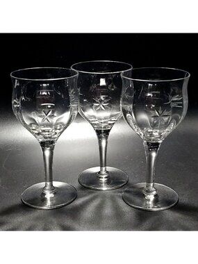 3 Vintage Starburst Goblets 6.5" etched water glasses cut glass six point star